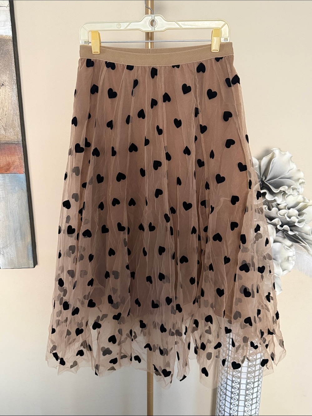 Chicwish Beige Tulle Midi Skirt with Black Heart Print